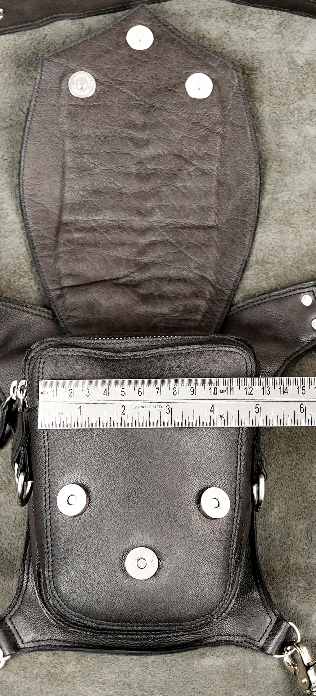 Dark fantasy leather leg pouch with chevron panel