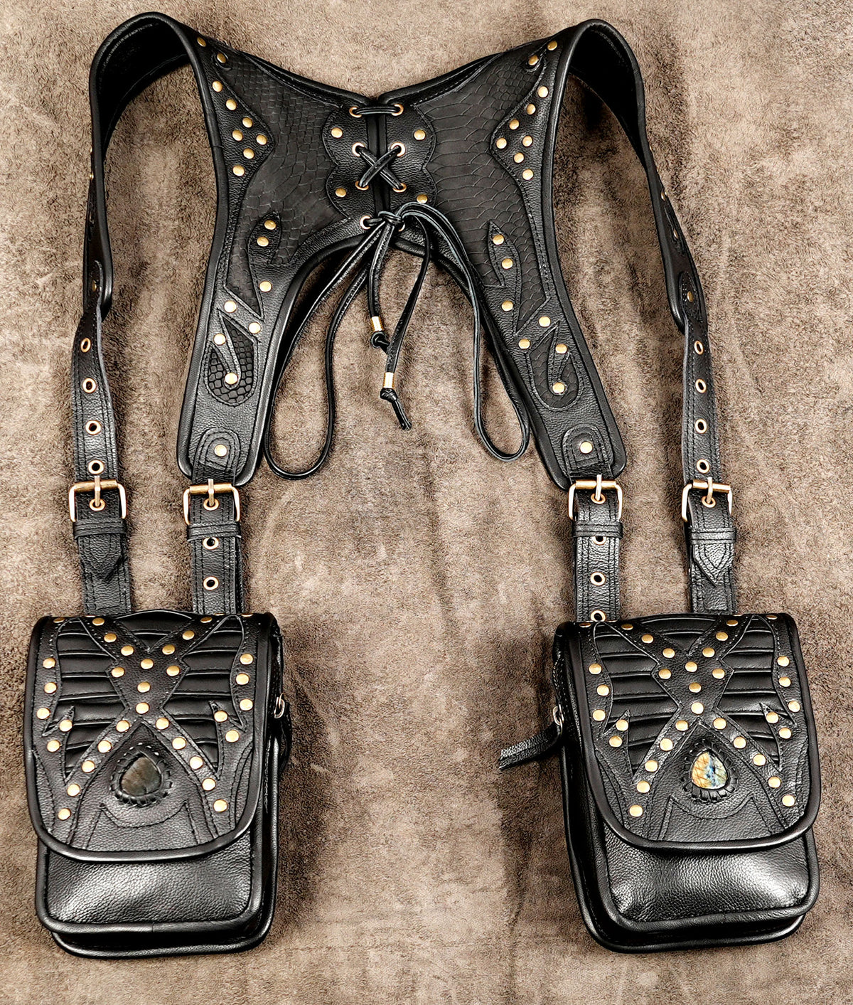 Adjustable black leather double pouch harness for festivals and events
 