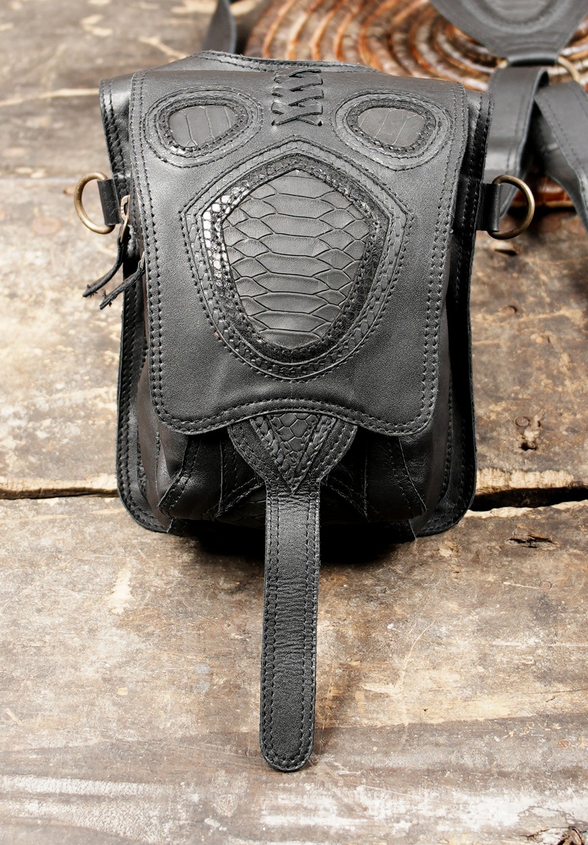 Gothic leather harness bag with two front pockets for festivals and everyday essentials