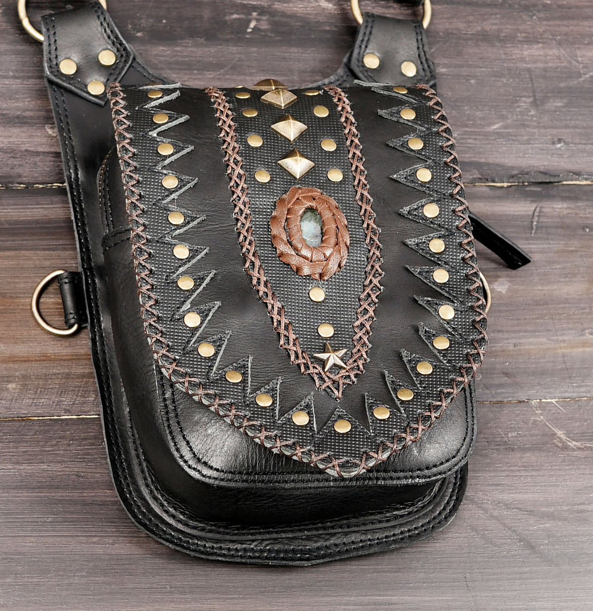 Unisex black leather double pouch belt harness with antique brass hardware
 