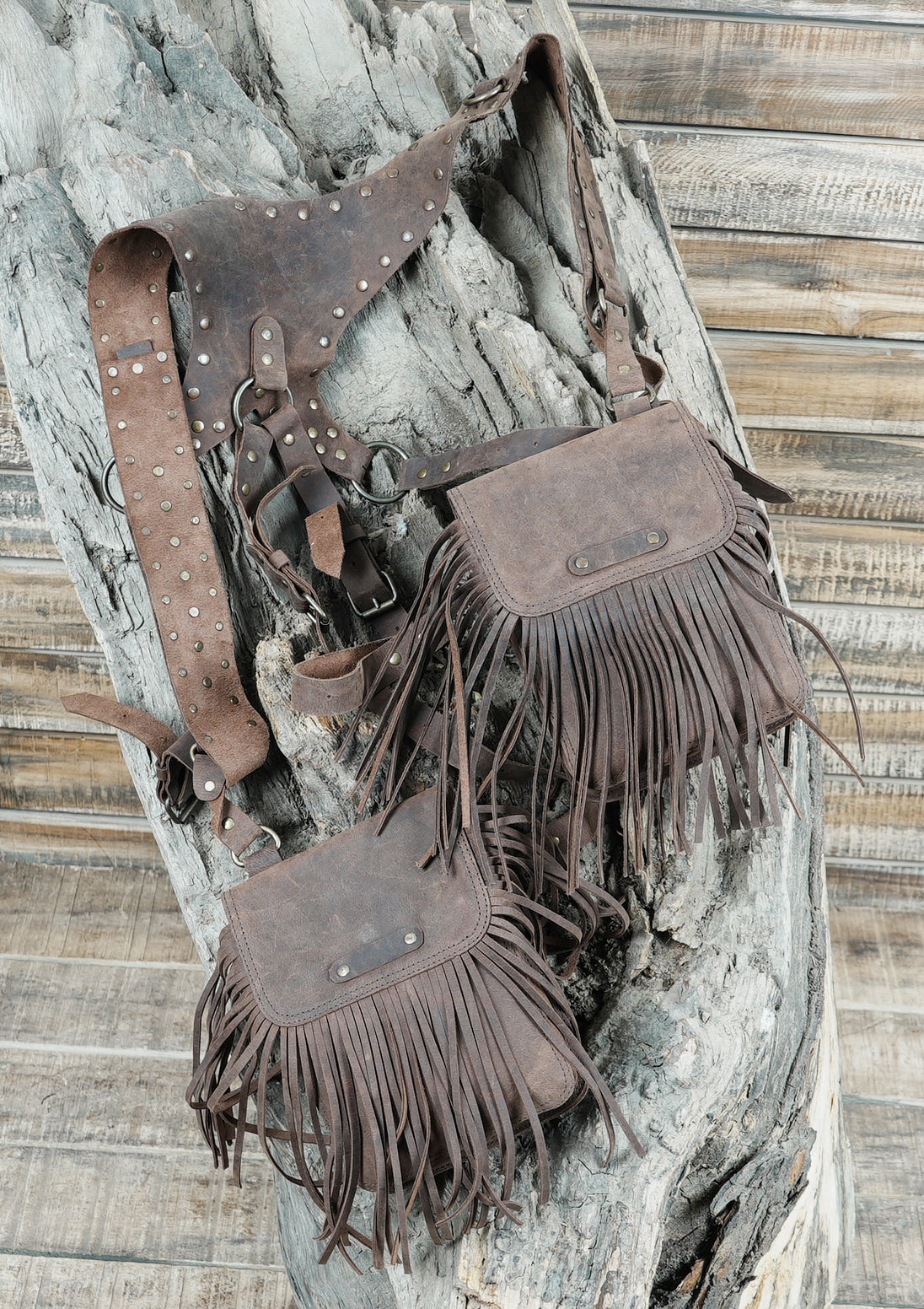 Brown Leather Chest Harness Bag with Fringe Pockets and Studded Yoke