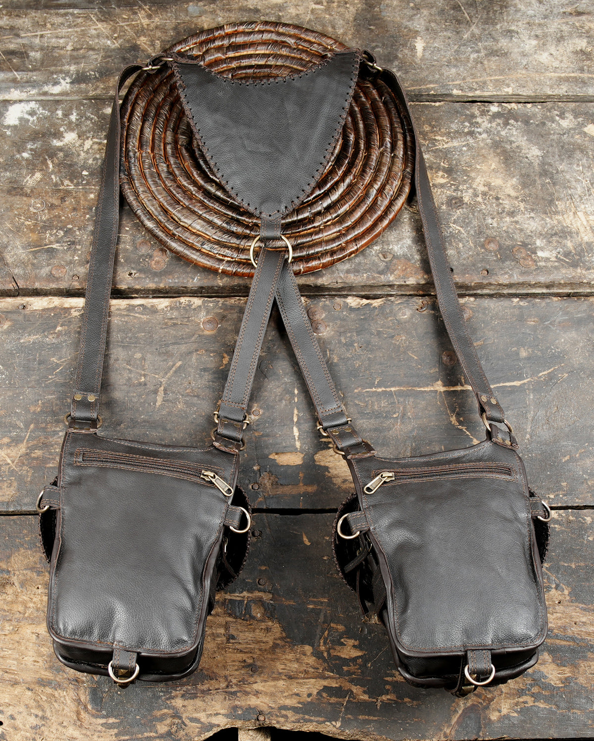 Brown leather crossbody harness pouch set with decorative front panels