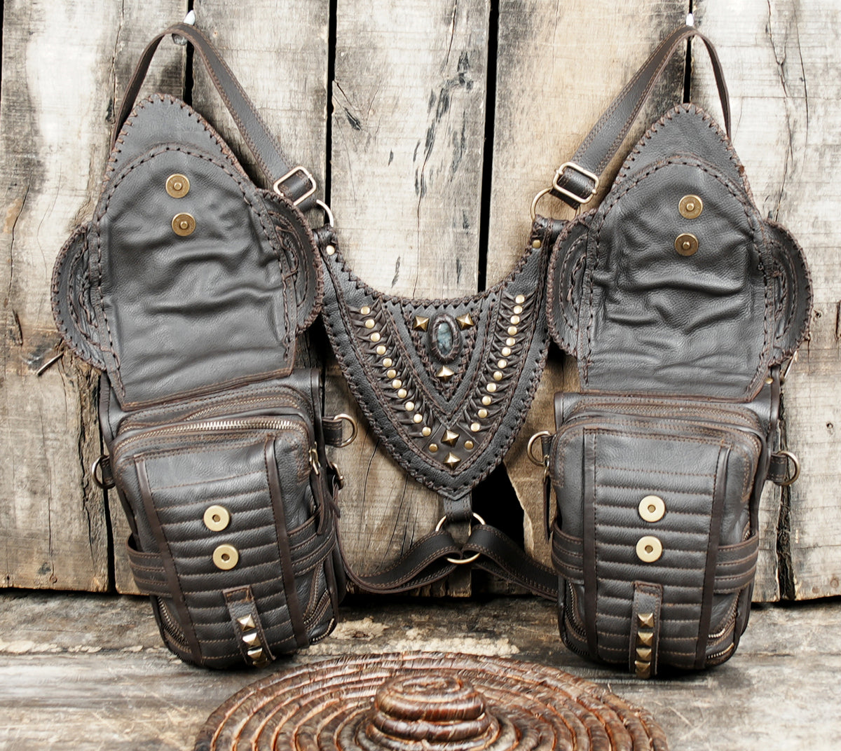 Brown leather steampunk costume accessory with double hip pouches