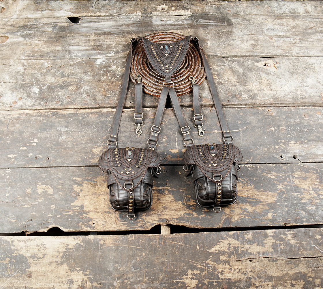 Unisex brown leather harness bag set with two hip pouches and gemstone details