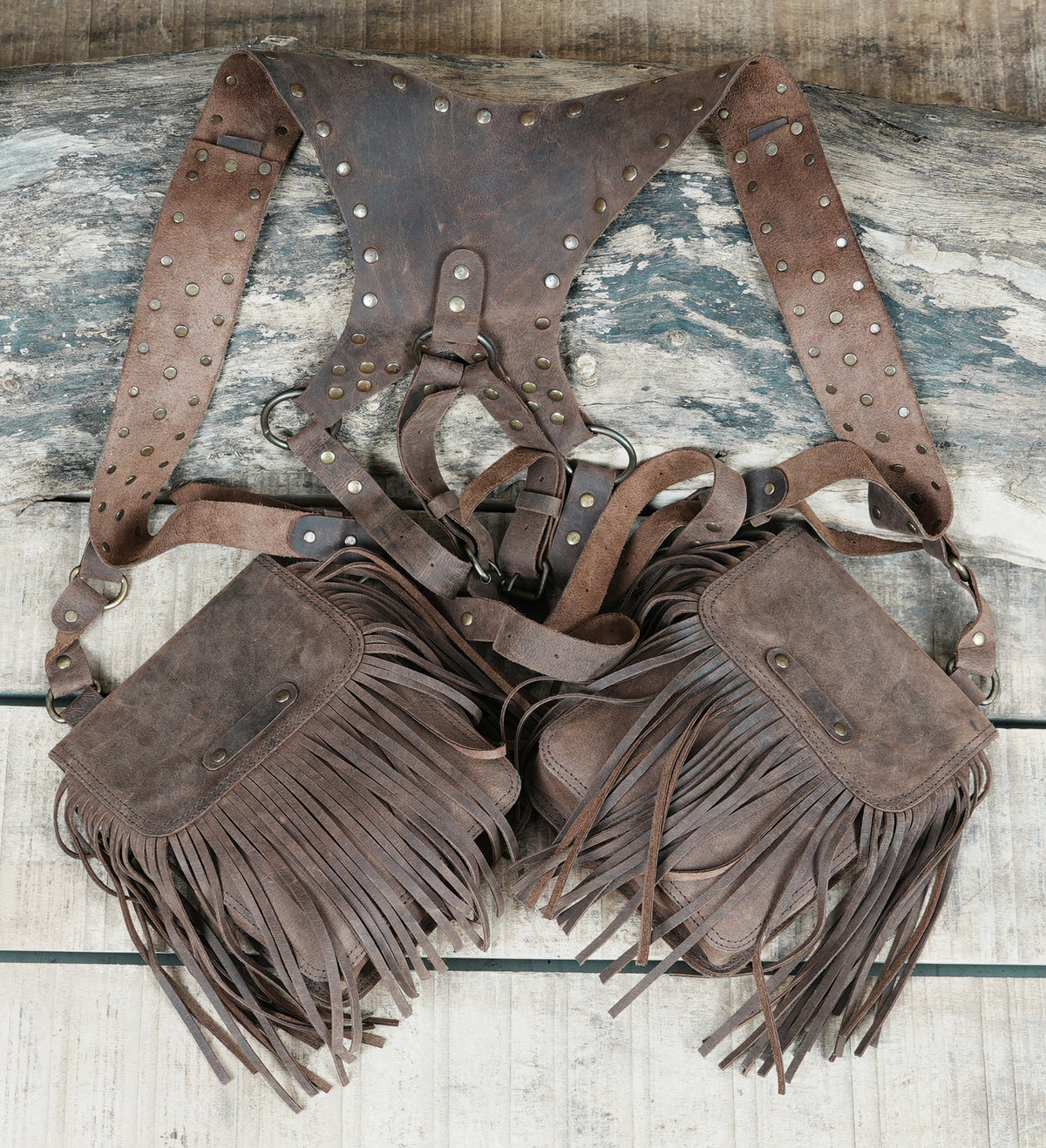 Brown Leather Chest Harness Bag with Fringe Pockets and Studded Yoke