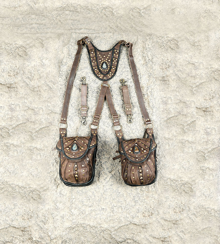 Unisex brown leather harness bag set with two gemstone pouches and antique brass hardware