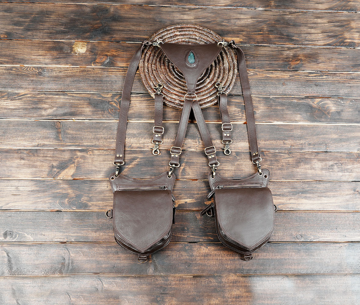 Brown leather double hip holster harness bag with turquoise stone and adjustable straps
