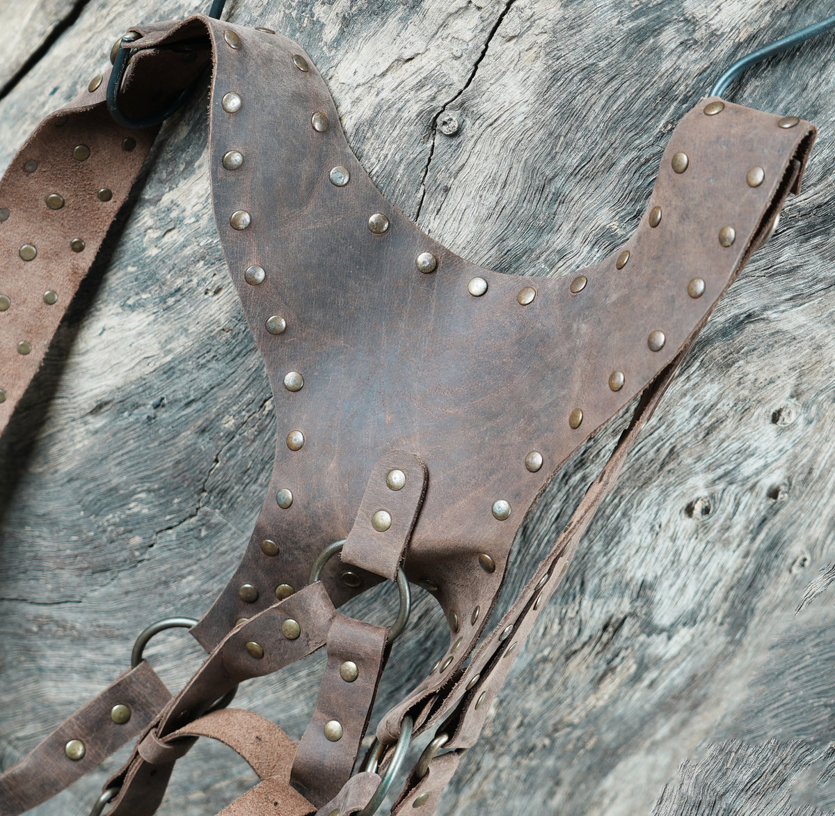Brown Leather Chest Harness Bag with Fringe Pockets and Studded Yoke
