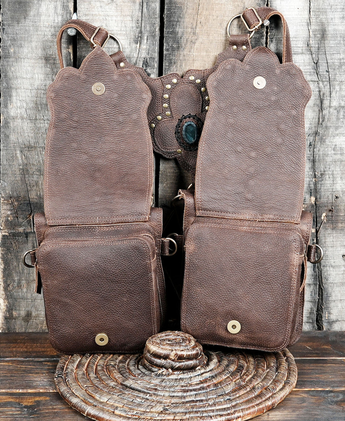 Boho brown leather shoulder harness bag with gemstone accents