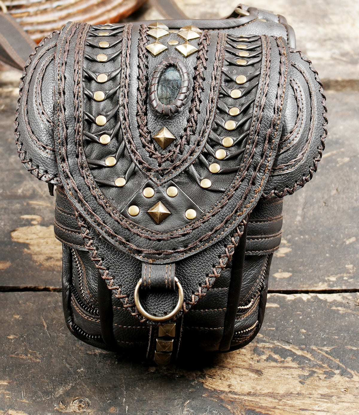 Handcrafted brown leather double hip bag harness with antique brass hardware
