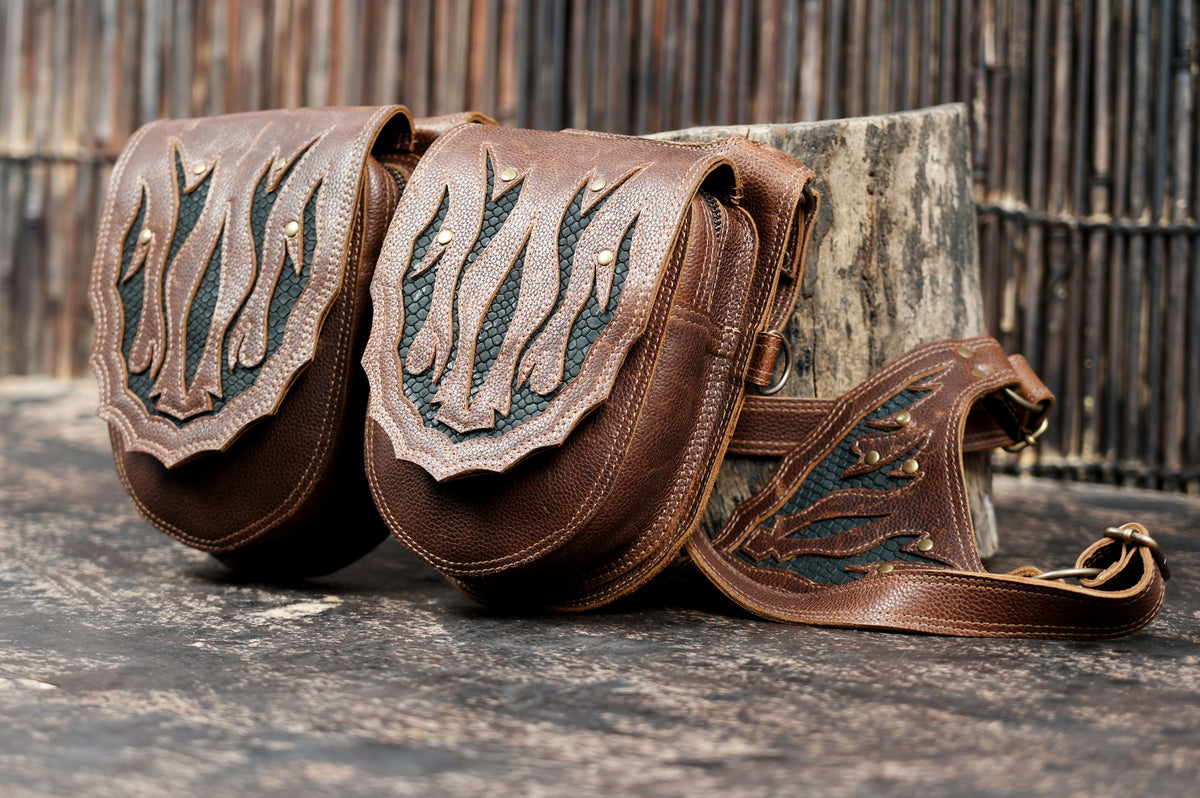 Handcrafted brown leather harness bag with twin pouches for festival outfits