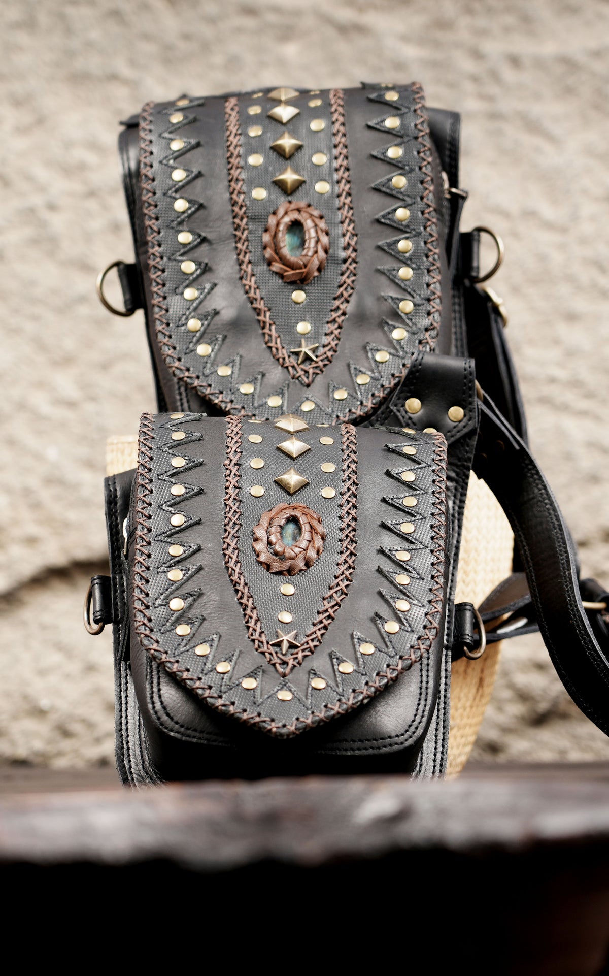 Boho leather harness bag set with two matching pouches and adjustable straps
 