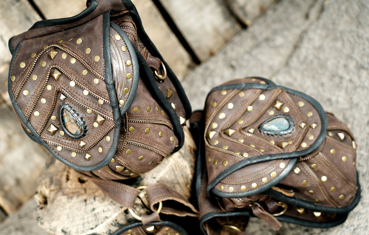 Handmade double pouch leather harness for music festivals and alternative fashion