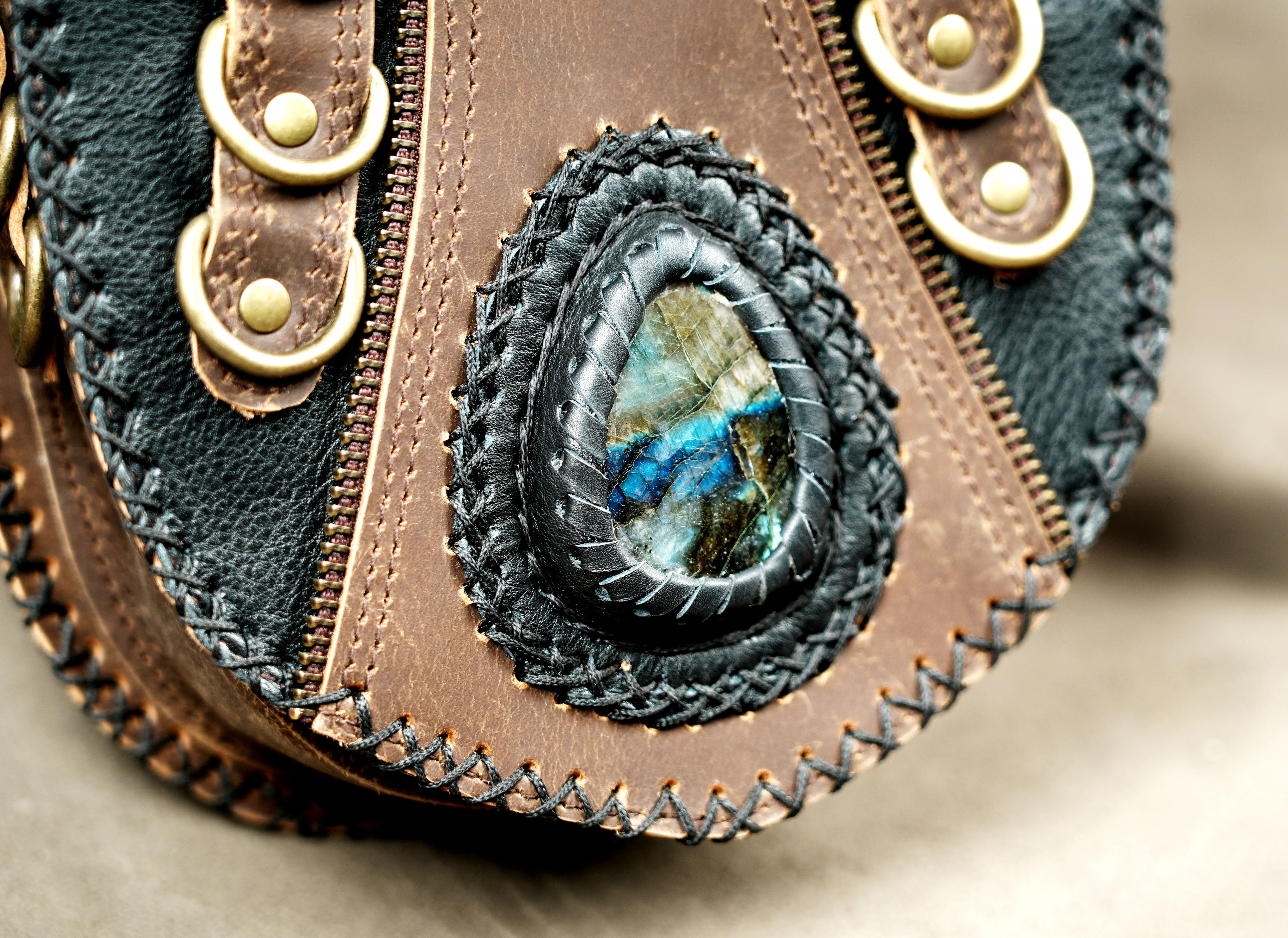 Distressed brown leather utility belt with crystal accent for alternative fashion and festivals