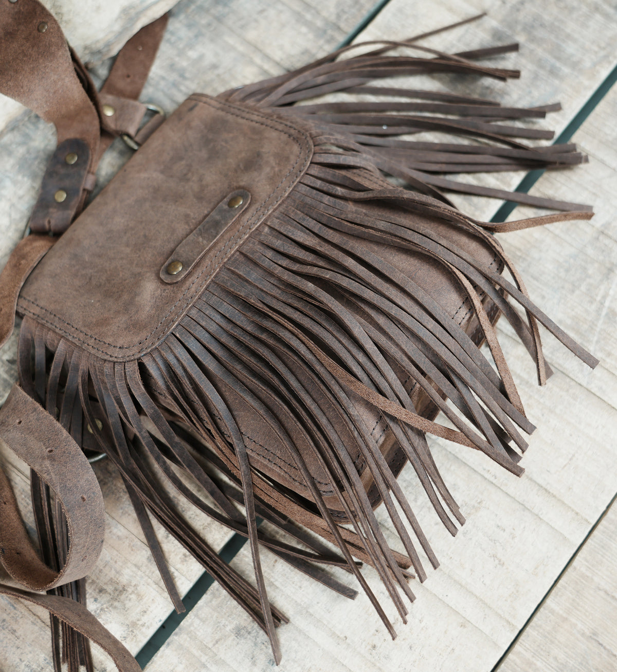 Brown Leather Chest Harness Bag with Fringe Pockets and Studded Yoke