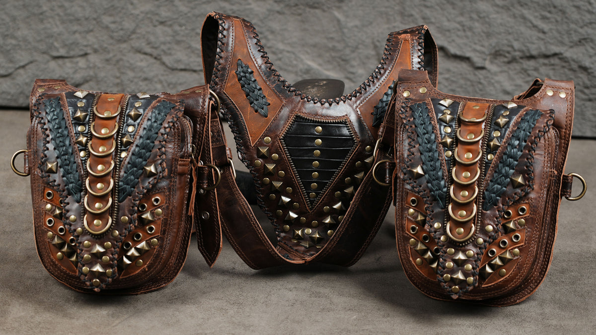 Unisex brown leather shoulder bag harness with two front pouches for festivals and travel