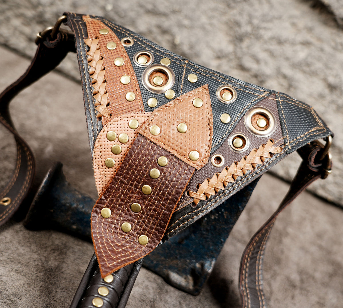 Leather utility harness with Y-back strap, O-ring and brass eyelets