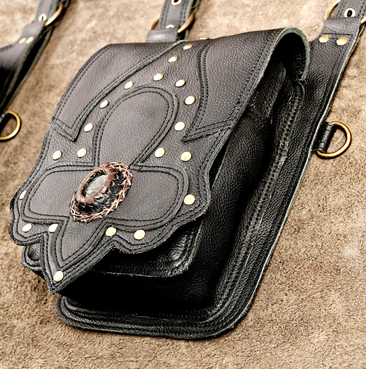 Black leather double pouch bag for Burning Man and outdoor festivals

