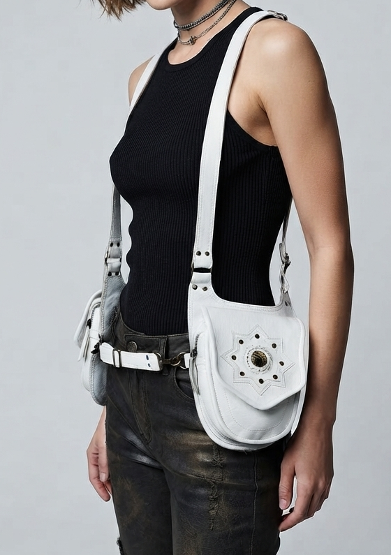 Dreamy leather harness bag, dark contrast background