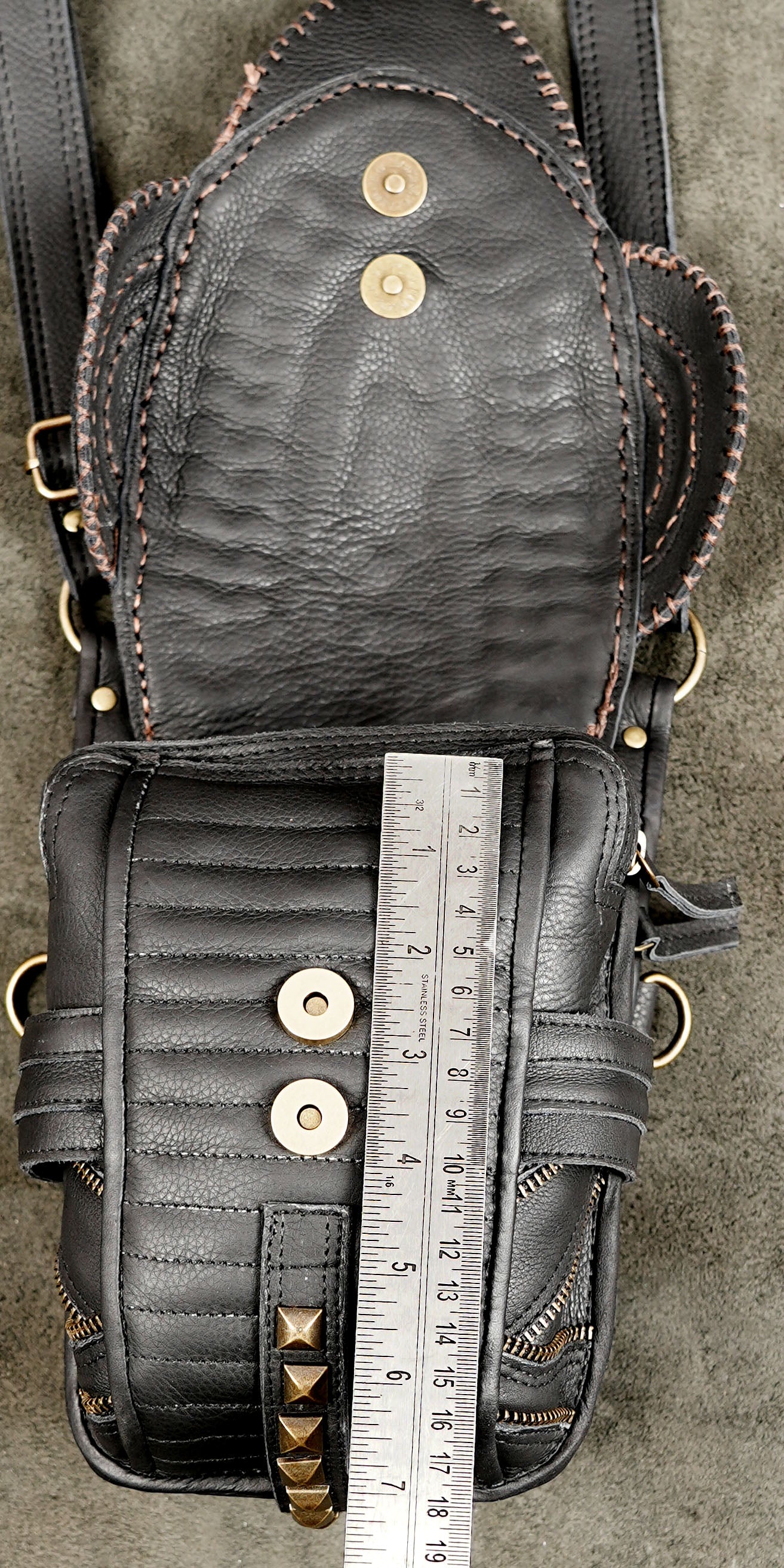 Dual-pouch leather festival bag with antique brass clips and rings