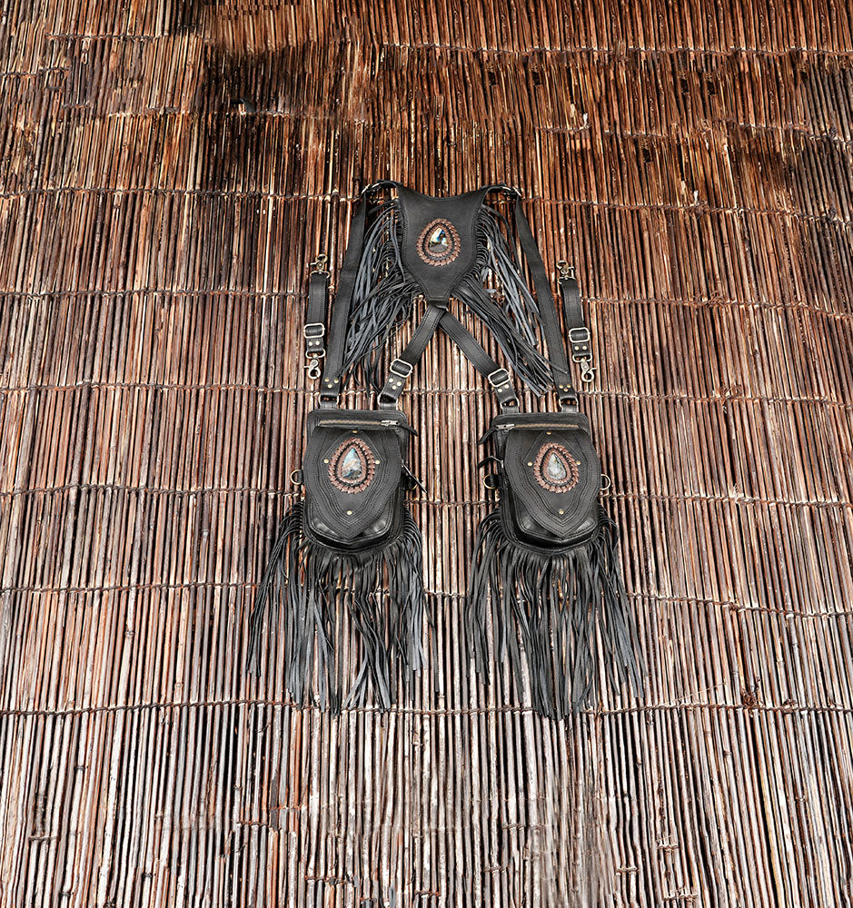Black Leather Holster Vest Fringe Harness Bag Dual Utility Pouches Festival Body Suspender Natural Labradorite Stones