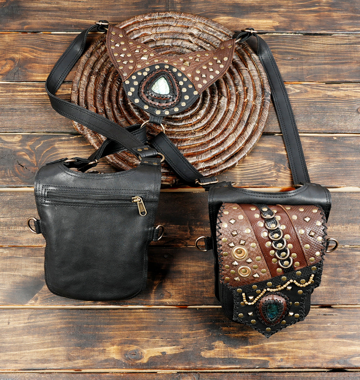 Steampunk leather double hip bag with adjustable shoulder straps and antique brass buckle