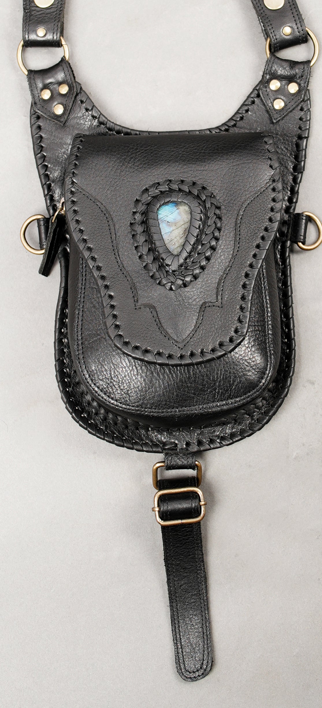 Unisex gothic leather pouch set with decorative studs and natural gemstone accents