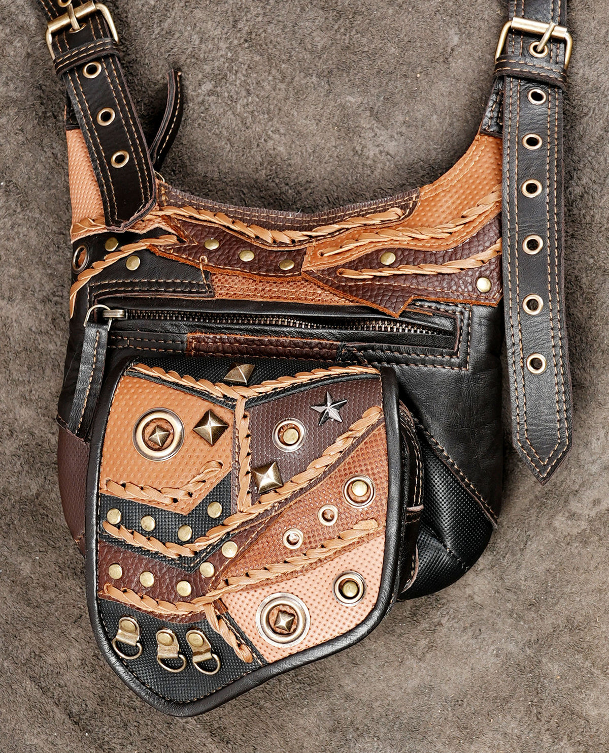 Dieselpunk leather utility harness with detachable swivel clip strap