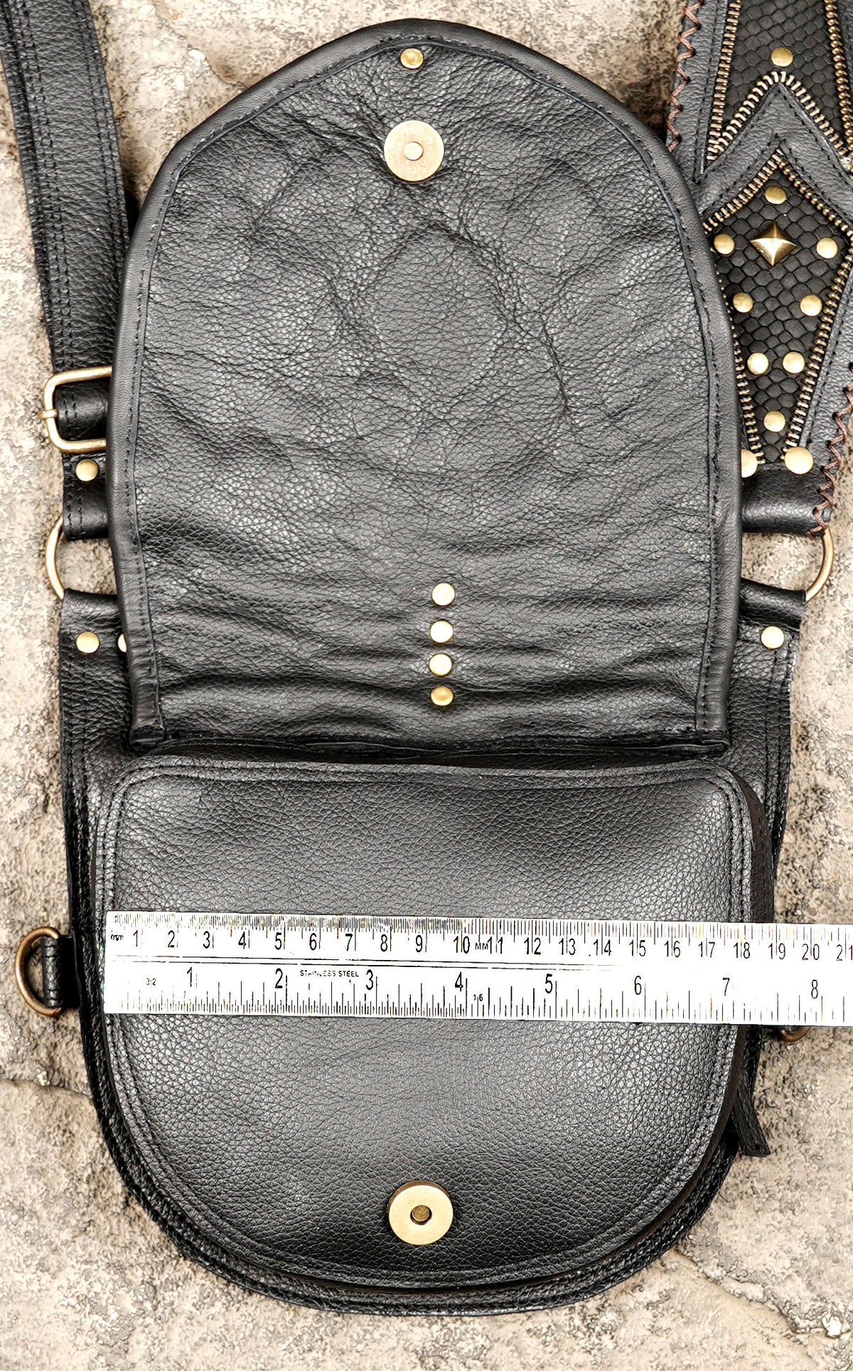 Black leather crossbody alternative harness bag with two side pouches