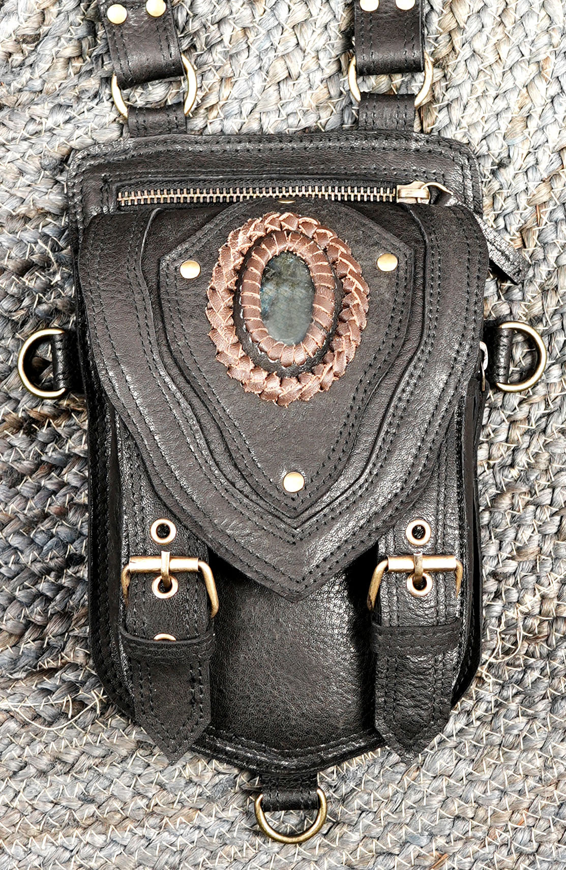Adjustable Black Leather Chest Harness with Dual Storage Pockets for Festivals