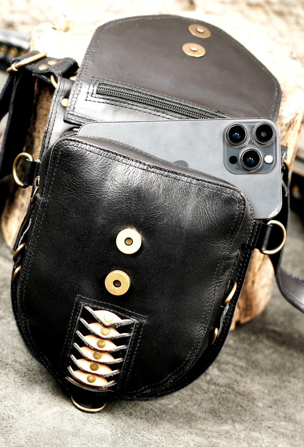 Handmade Black Leather Utility Holster with Dual Pouches for Festival Wear