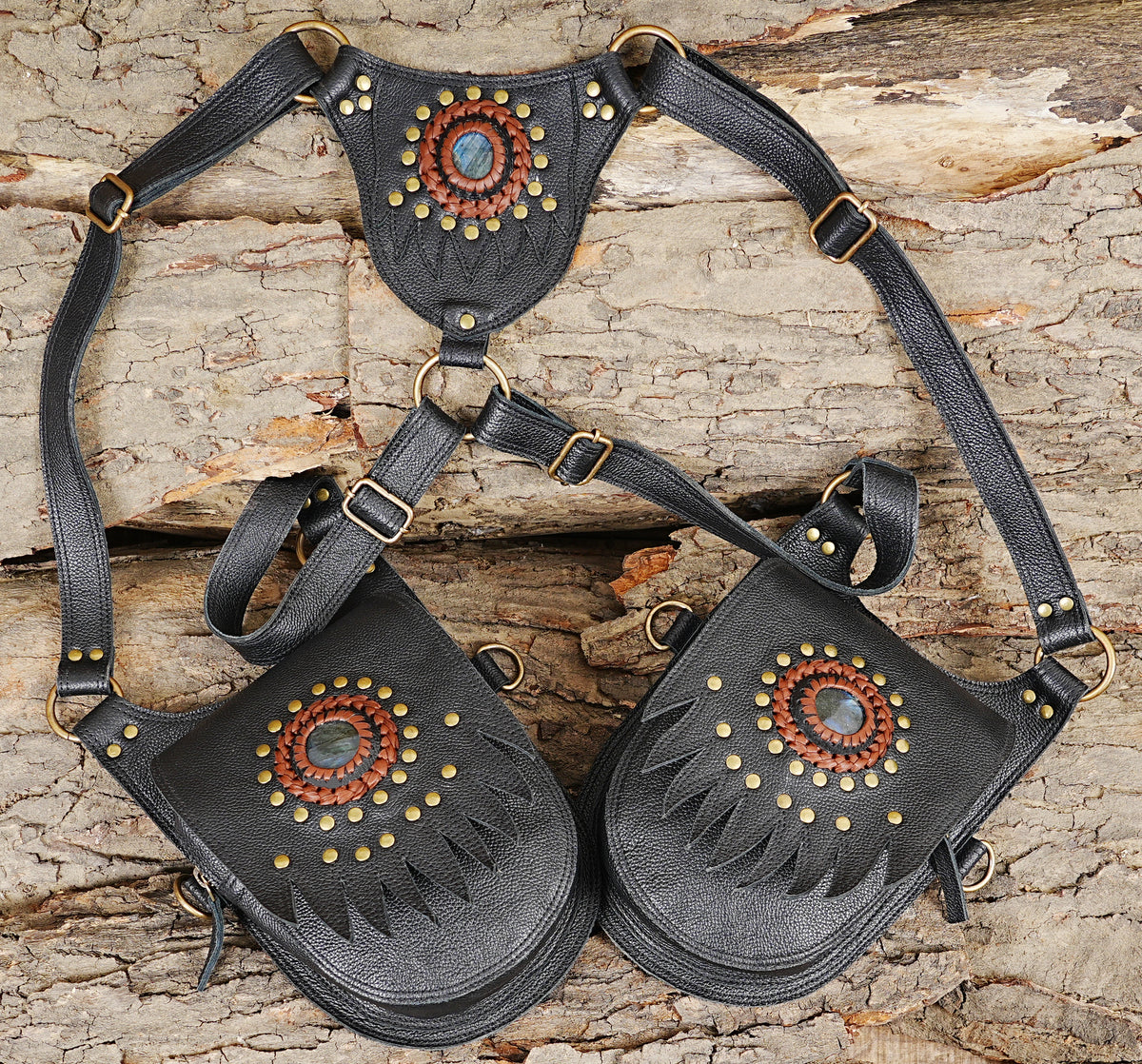 Black leather double shoulder harness bag with Natural Labradorite stones and studded pockets