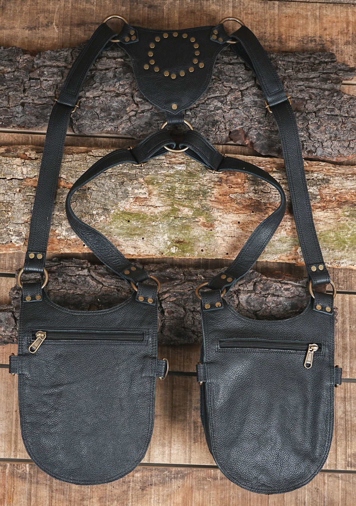 Black leather unisex chest rig bag for festivals Burning Man and everyday utility