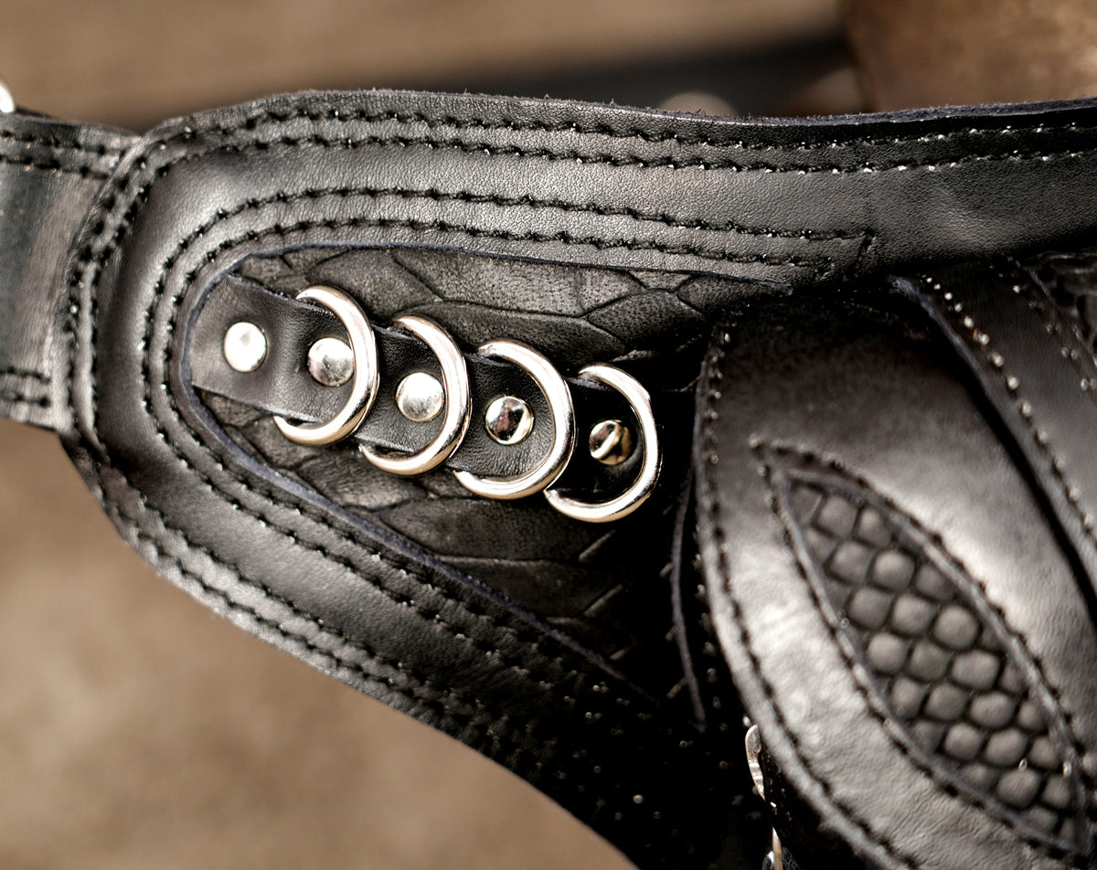 Dystopian fashion leather bag with silver ring column