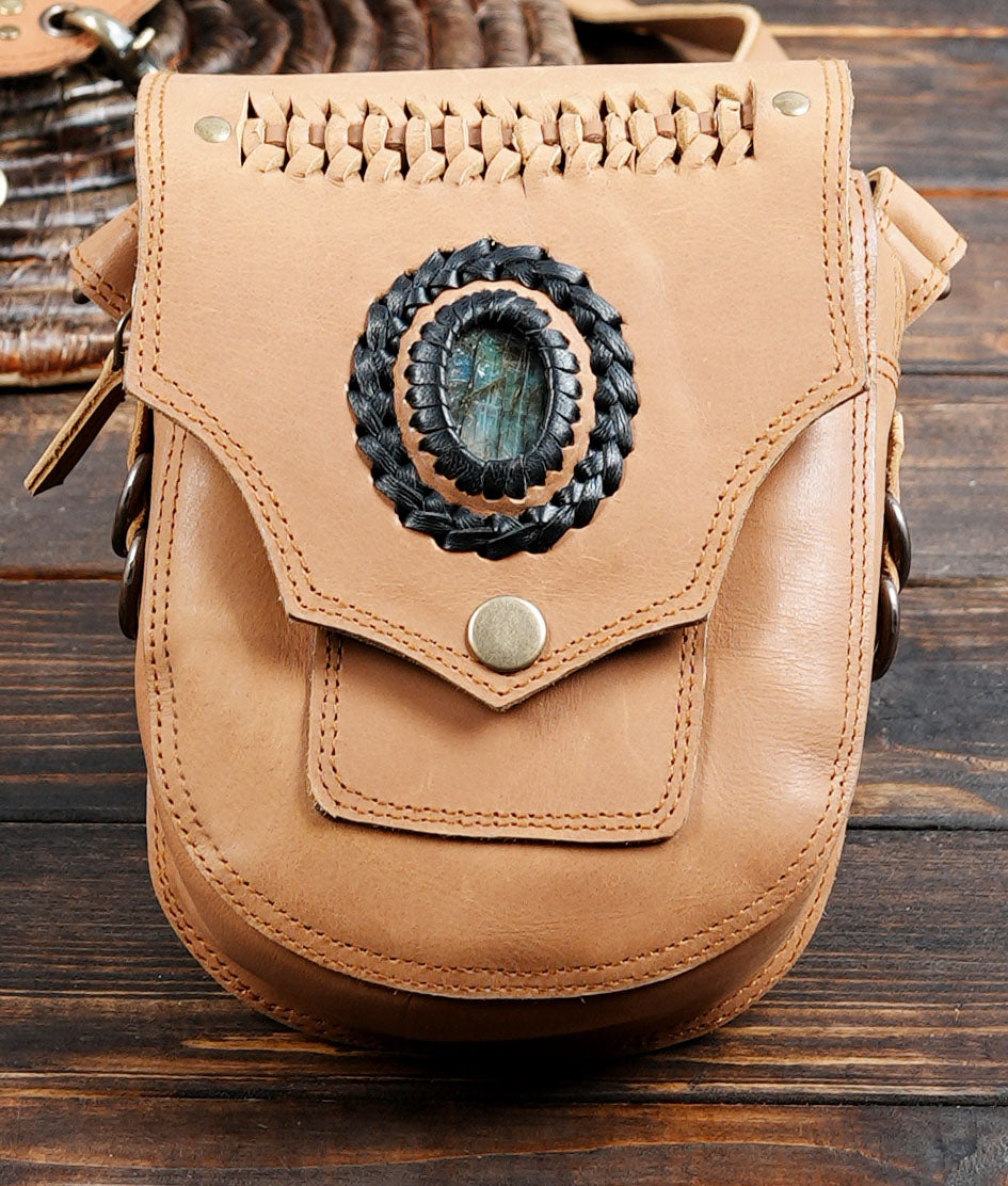 Tan Leather Double Hip Bag Harness with Natural Labradorite Stones