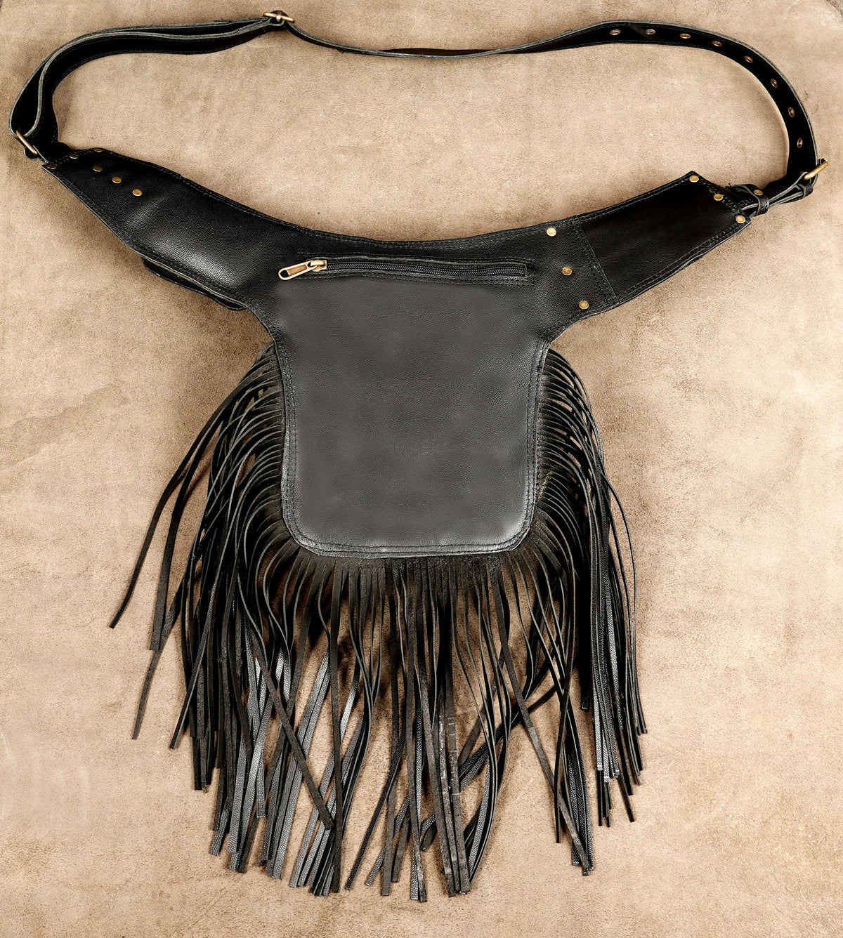 Edgy black leather pouch with brass hardware