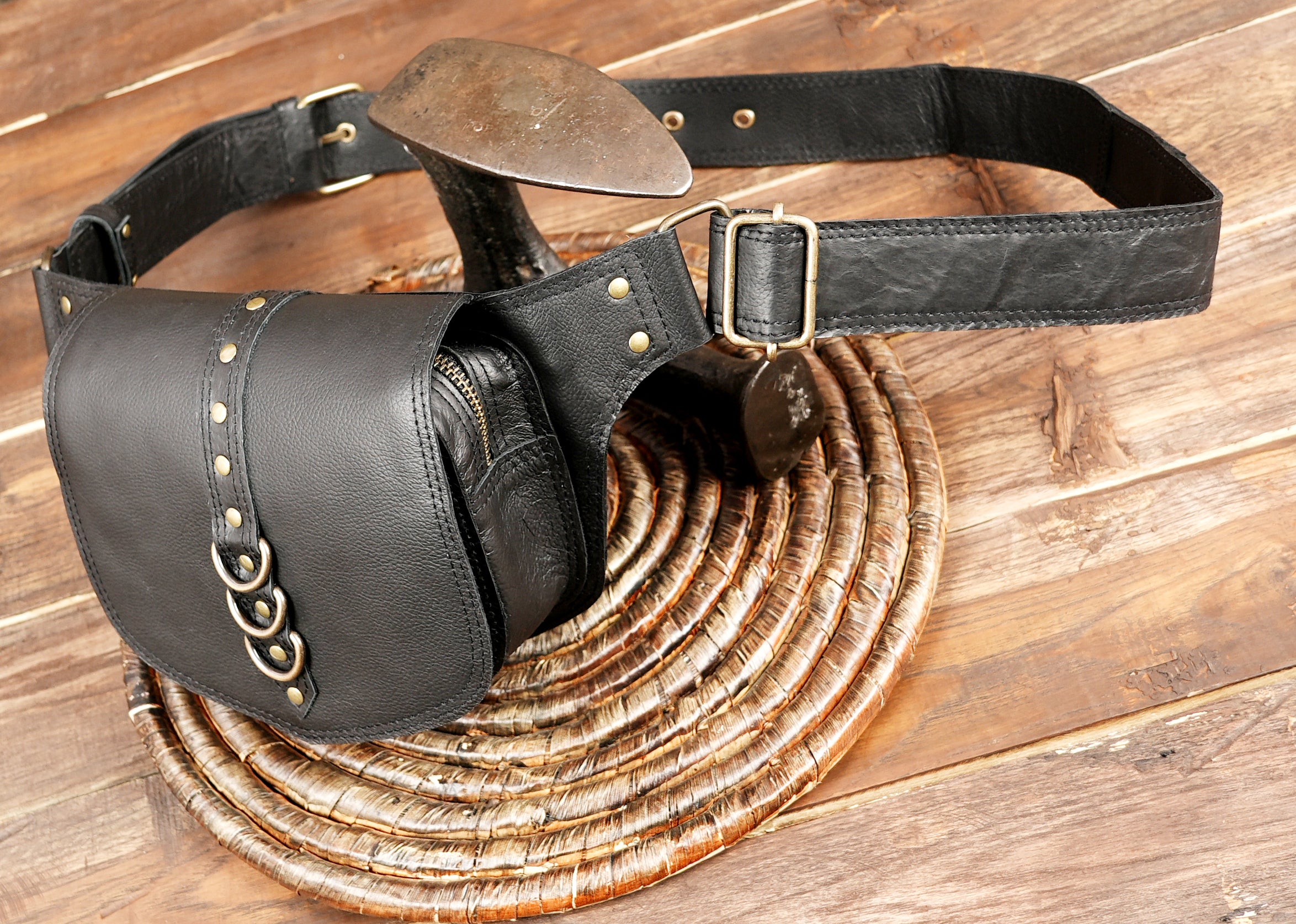 Edgy punk bum bag in genuine black leather