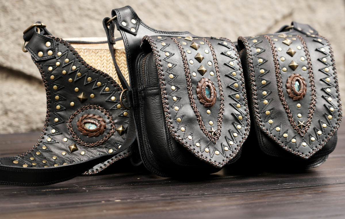 Black leather double holster bag set for Burning Man and music festivals
 