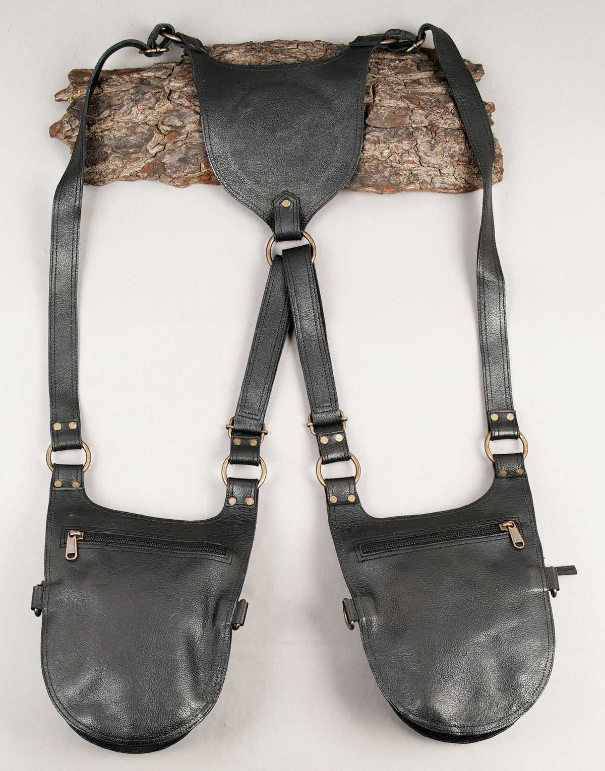 Black leather double pocket utility bag with metal rivet details