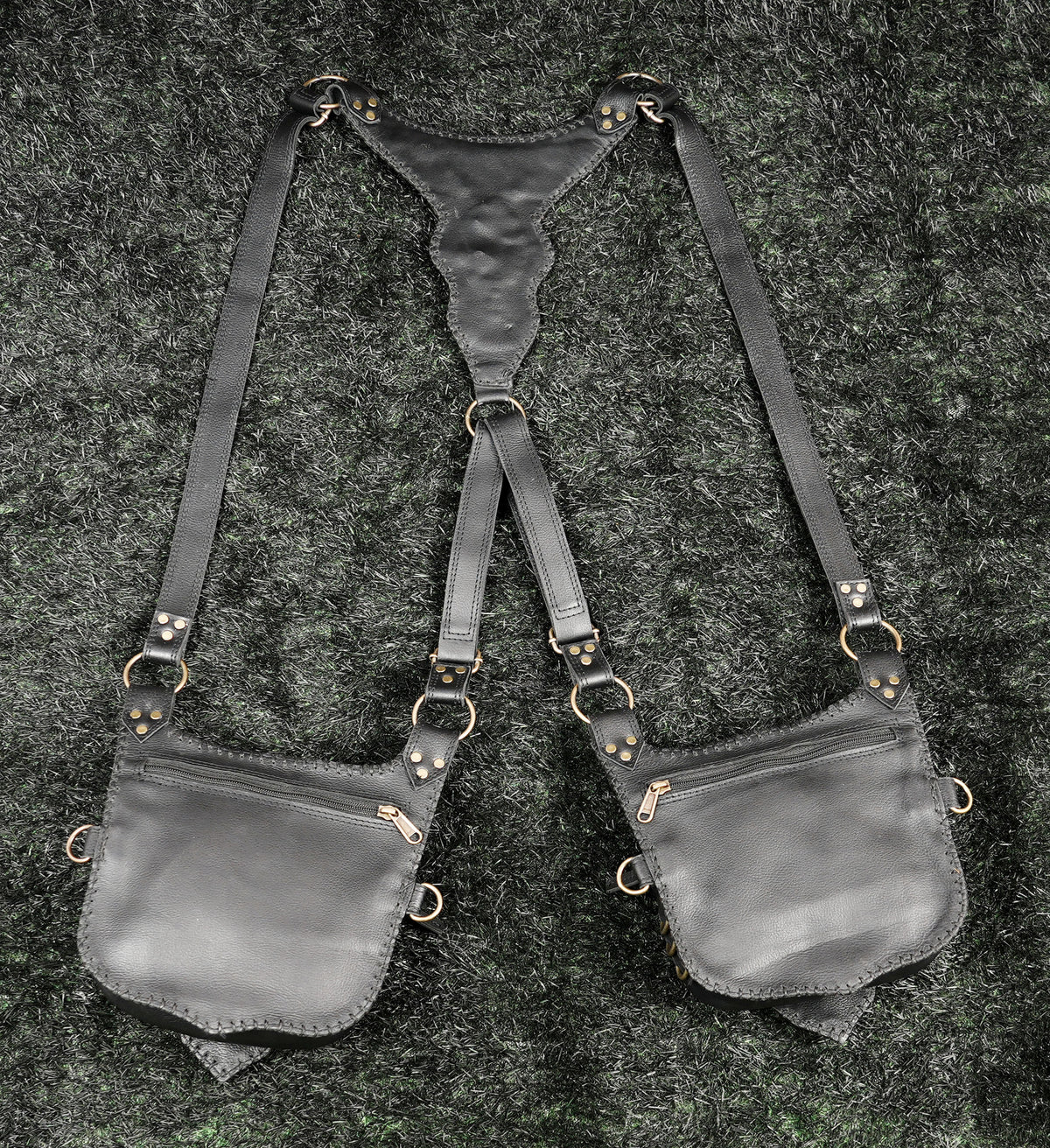 Black Leather Shoulder Holster Bag with Studded Dual Pouches