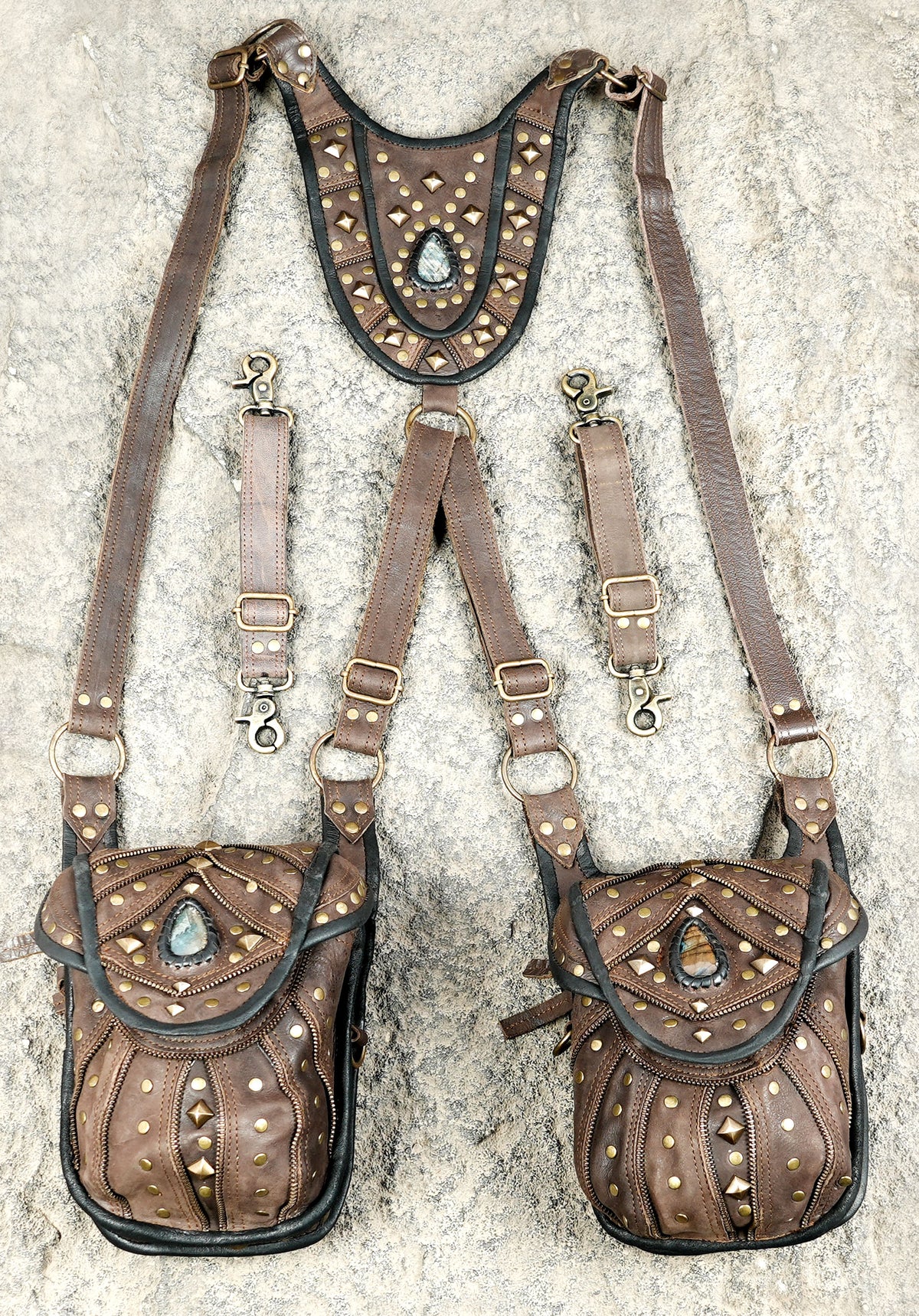 Festival utility harness with brown leather pockets metal studs and adjustable straps