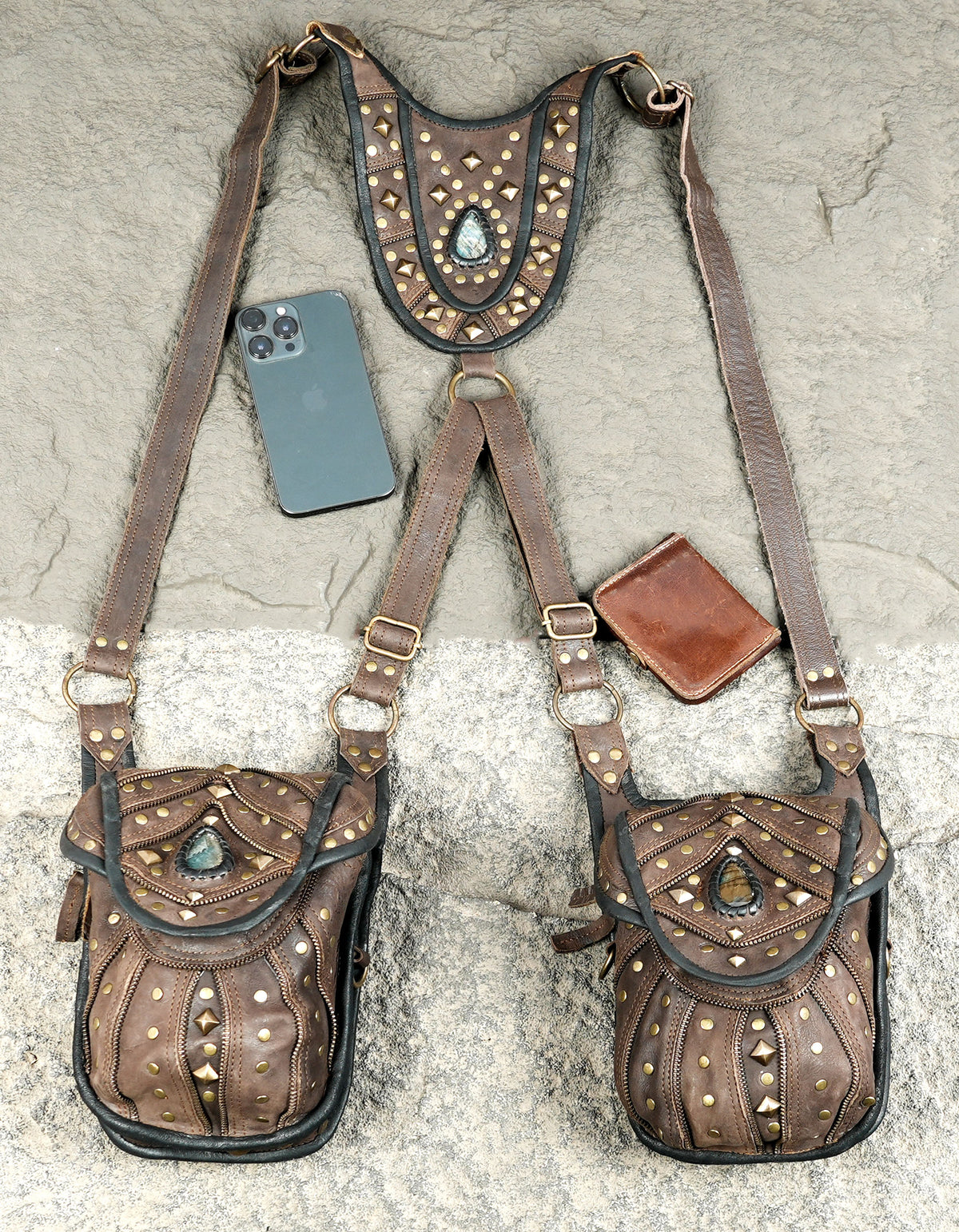 Brown leather double bag harness for cosplay steampunk and festival styling