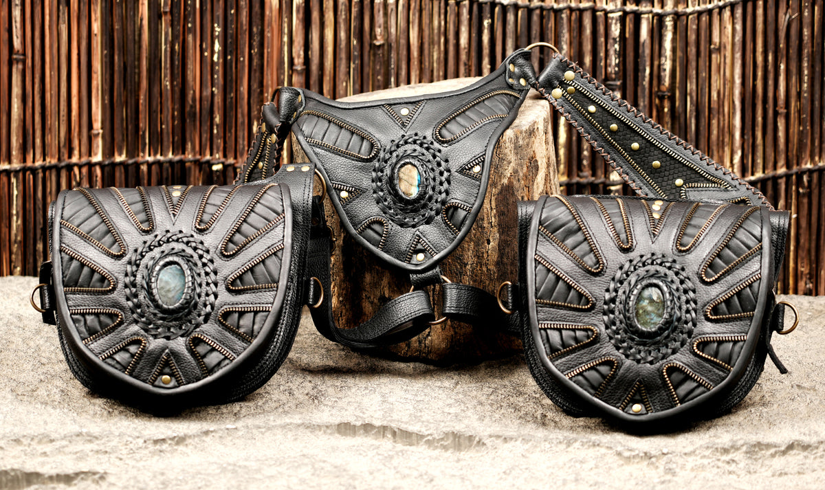 Black leather steampunk festival accessory with decorative geometric patterns