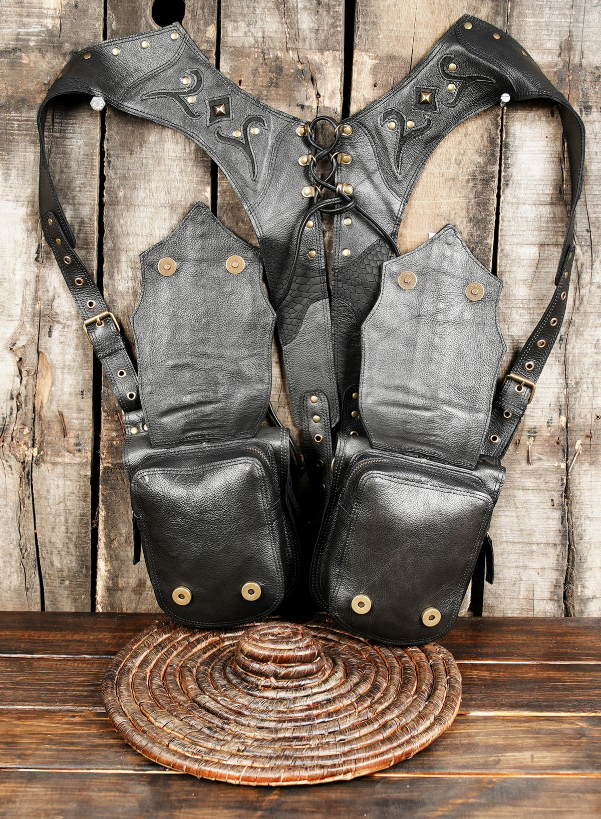 Unisex Black Leather Double Hip Pouch Harness with Studs