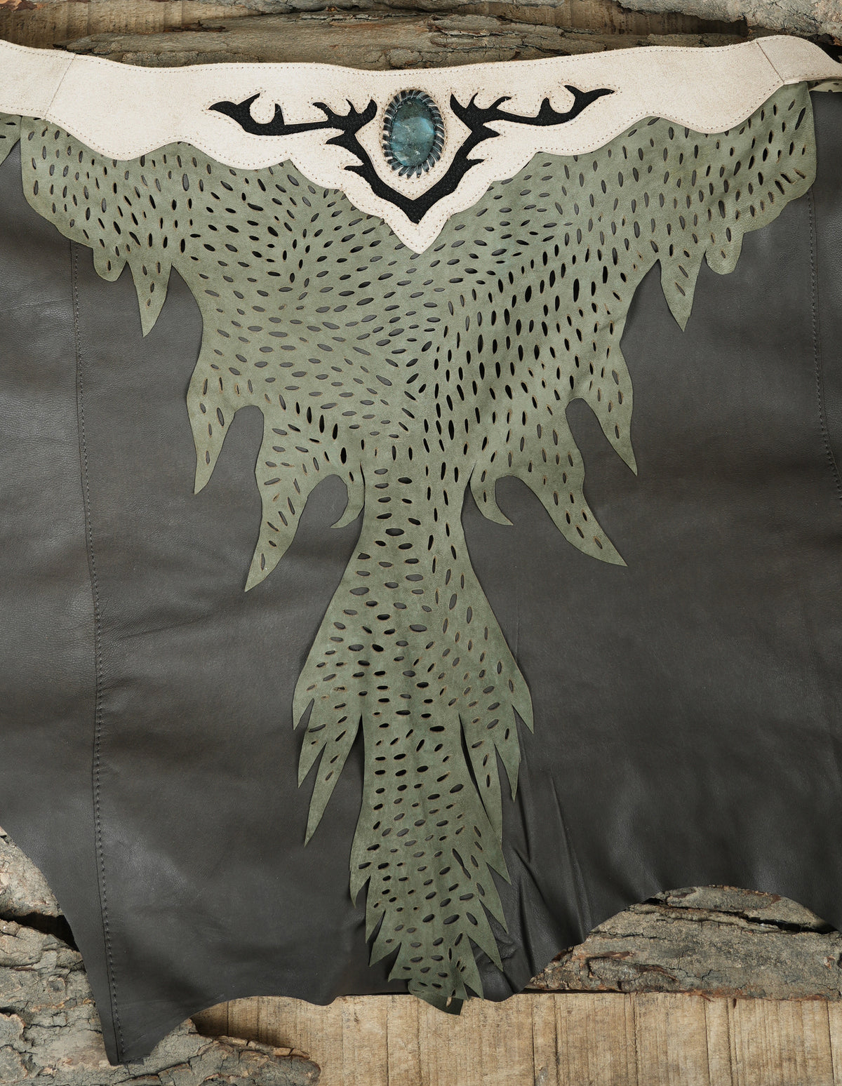 Fantasy leather skirt with labradorite stone centerpiece