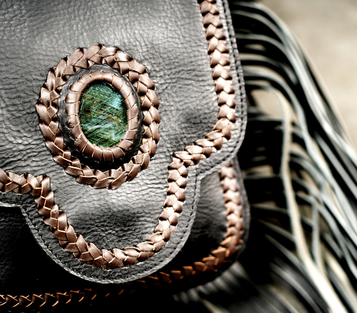 Handmade Black Leather Fringe Belt Bag Boho Festival Hip Pouch Adjustable Waist