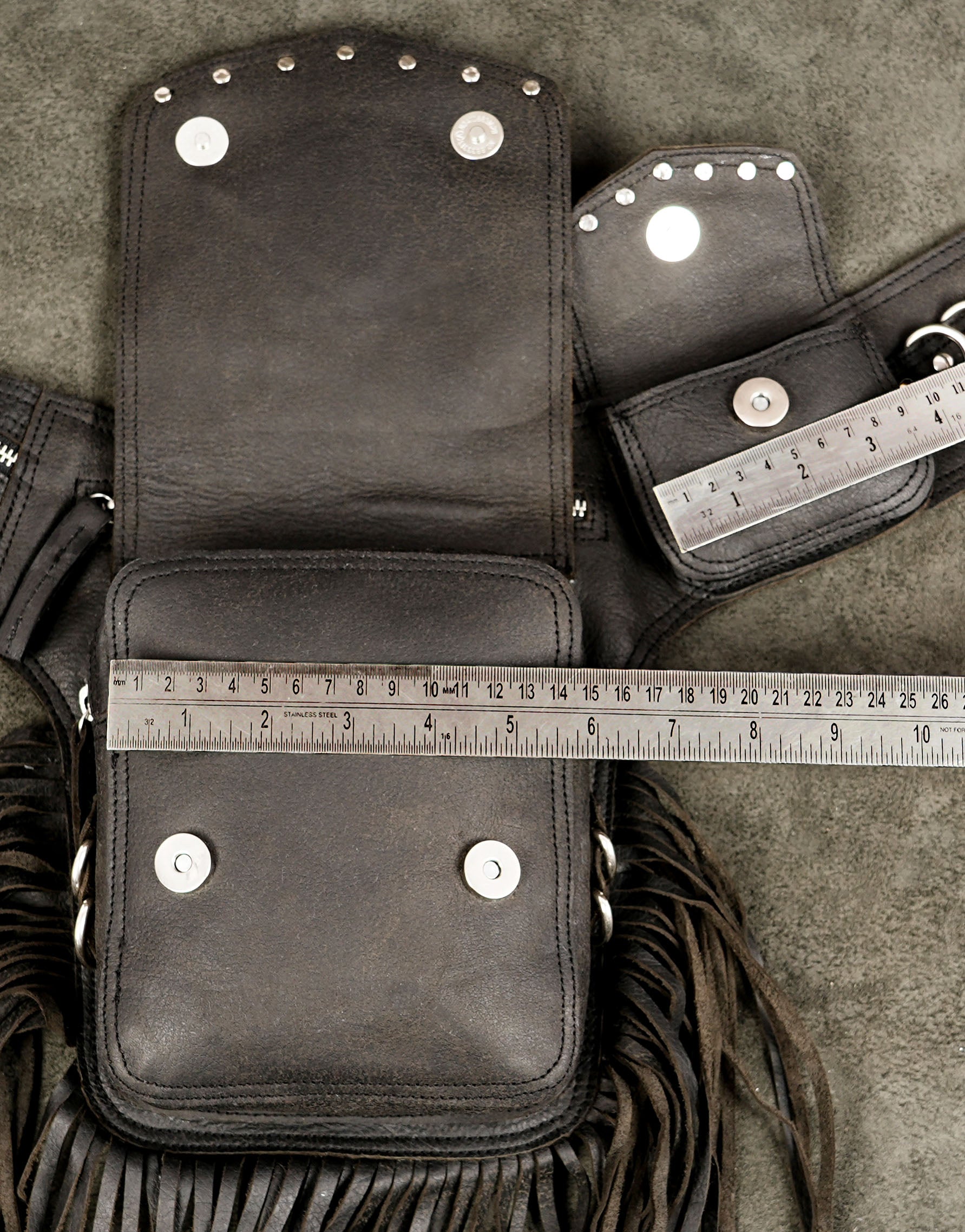 Festival leather belt bag with zipper pockets and long fringe