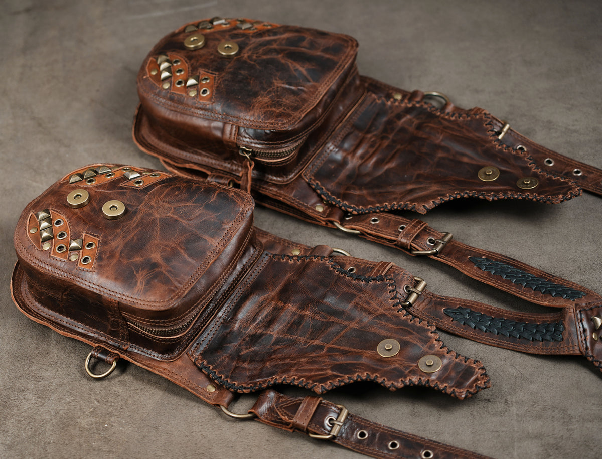 Brown leather double pouch shoulder bag for cosplay festivals and alternative fashion