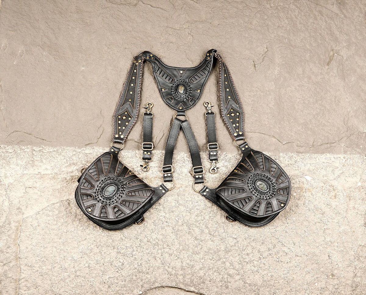 Black leather Burning Man outfit accessory with dual utility pockets
