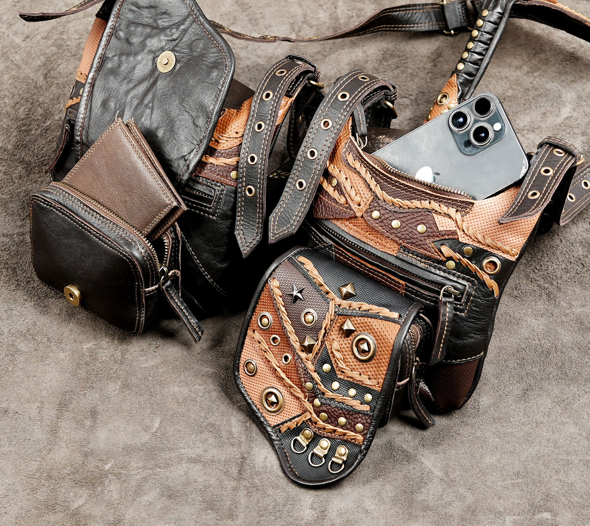 Leather cosplay harness with double holster pouches and rivet details